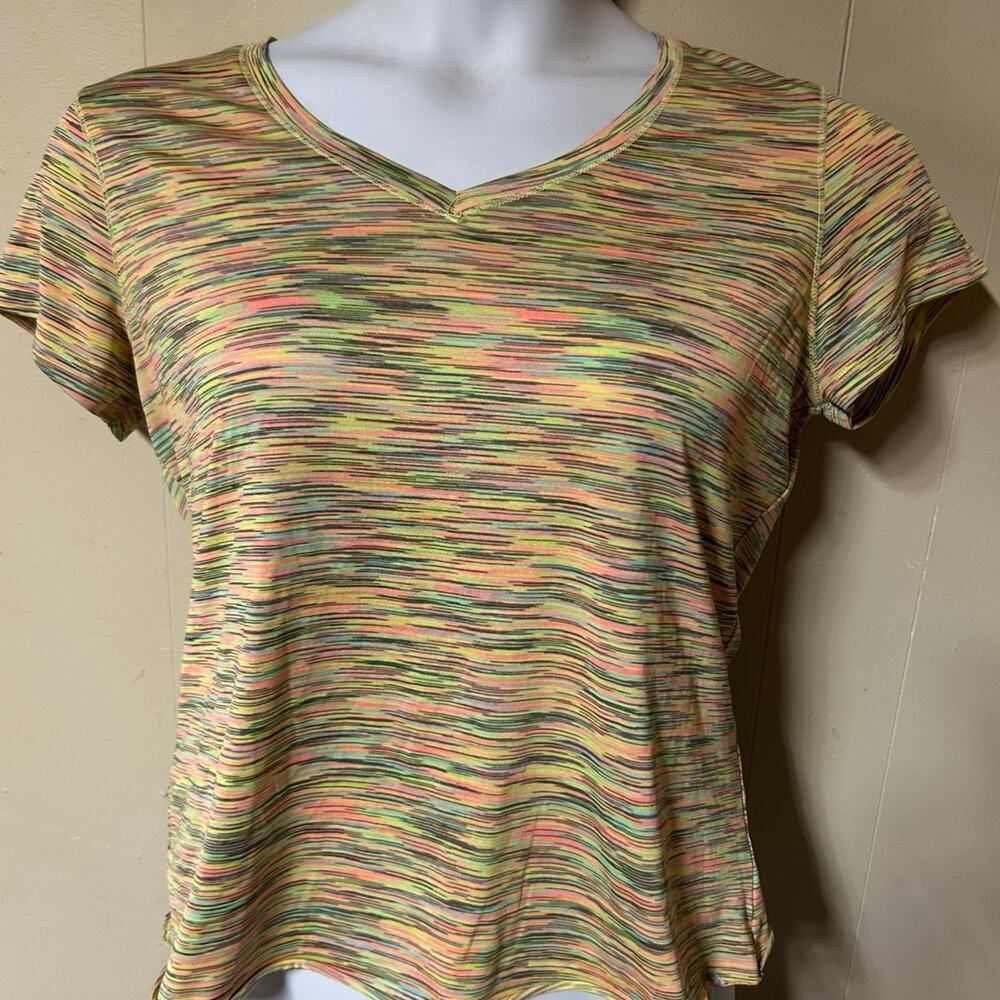 RBX Women's Multi-color Striped V-Neck Athletic T-Shirt Large
